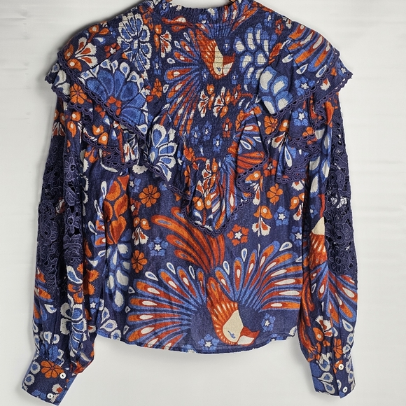 Farm Rio Pineapple Flowers High Neck Ruffles & Lace Blouse, EUC, size Small - Picture 6 of 13